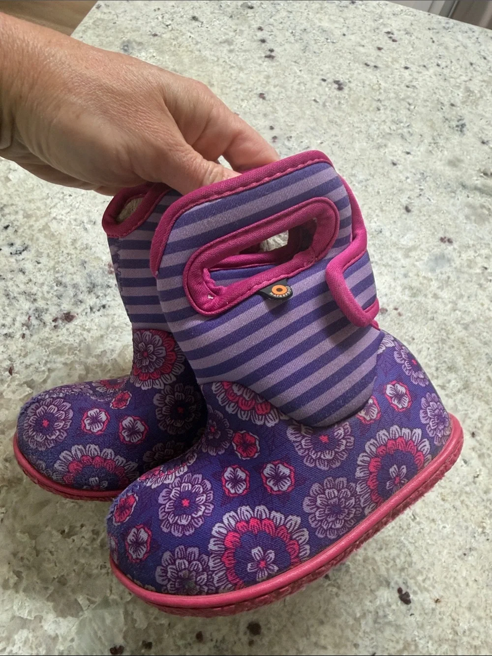 Bogs Kids' Baby Pansy Stripe Snow Boot Pink Purple Waterproof Size 6 Infant Girl